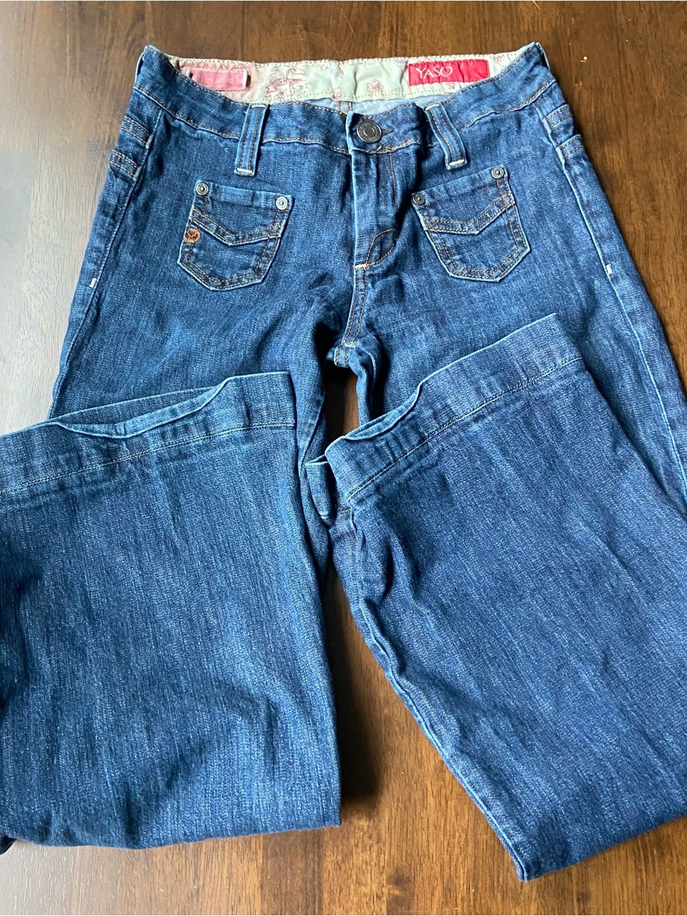 YASO Girls Flare Leg Blue Denim Jeans Size 5/6 Stretch Patch Pocket Boho Style